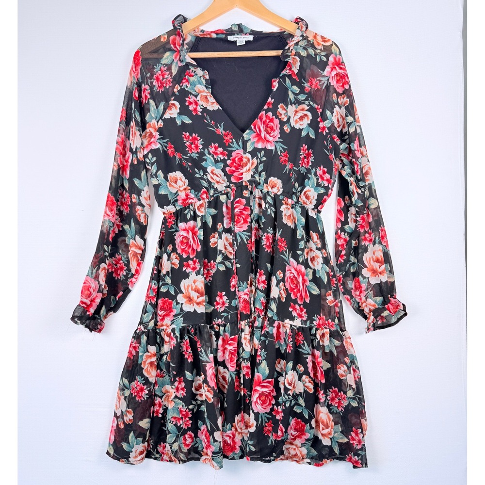 American Eagle Floral Dress Black Tiered Ruffle‎ Romantic Sheer Babydoll L